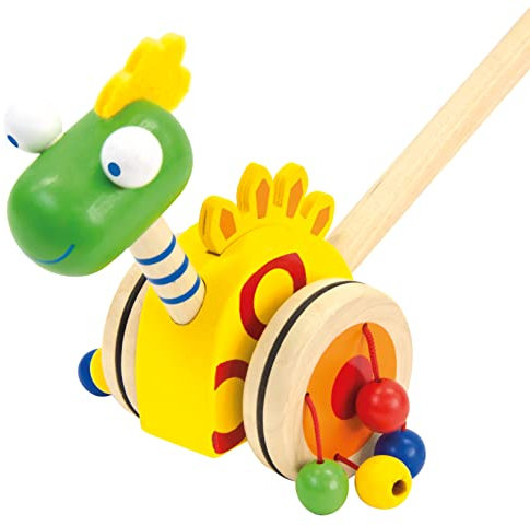 Bino world of toys Schiebelaufrad Dinosaurier Holzspielzeug Schiebe-Laufrad im Dino-Design Spielzeug für Kinder ab 2 Jahre (bewegender Dinosaurier, besonders robust, Maße: 7 x 7 x 55 cm), Bunt