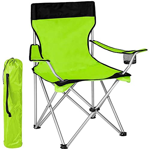 BAKAJI Camping Chaise avec Sac Camping Mer Plage Chaise en Plein Air Pêche en Acier Inoxydable et Polyester avec Porte Boîtier Boissons et Smartphones (Vert)