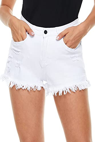 HVEPUO Weiße Kurz Hose Kinder Mädchen Vintage Helle Jeans Pants Slim Fit Röhrenjeans Bequem Mit Knopfleiste Damen-Shorts Löcher Fransen Schlitz Weiss M