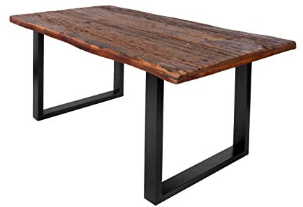 SAM Esstisch 180x90 cm Ramon, recyceltes Altholz, massiver Esszimmertisch mit Rough Wood Platte 50 mm (25+25 aufgedoppelt), Holztisch mit U-Metallgestell Schwarz
