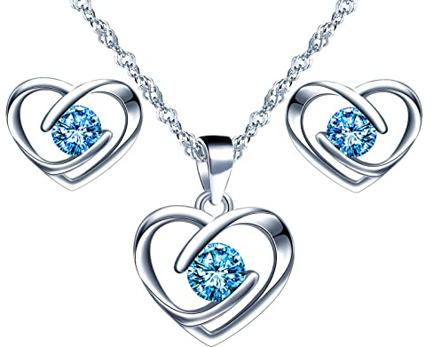 Yumilok Collier zircon pour femmes et filles, Boucles d'oreilles zircon pour femmes et filles, Bijoux parures en argent 925, Collier pendentif cœur élégant, Clou d'oreille cœur brillant, bleu