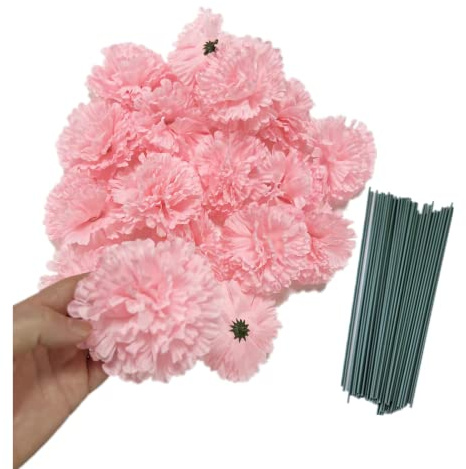 50 konstgjorda silkesnejlikor blomhuvud med stjälkar, handgjorda gör-det-själv bröllop, heminredning evenemang festtillbehör kransar, handledskorsage, 7,6 cm flera kronbladshuvuden med 20 cm stjälkar (rosa)