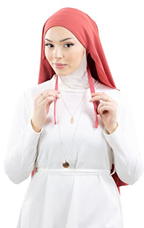 Hijab à enfiler avec bonnet à nouer en soie de médine Luxueux pour femme musulmane voilée HE700 (Corail)