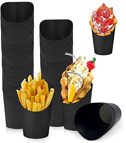 DURANTEY 50 Pezzi Tazze di Carta Kraft Holder Porta Patatine Fritte da Asporto Coppa Patatine Fritte Contenitori Popcorn Nero per Feste da Asporto Torte Cialde Patatine Fritte Snack, 11,8*8,3*6CM