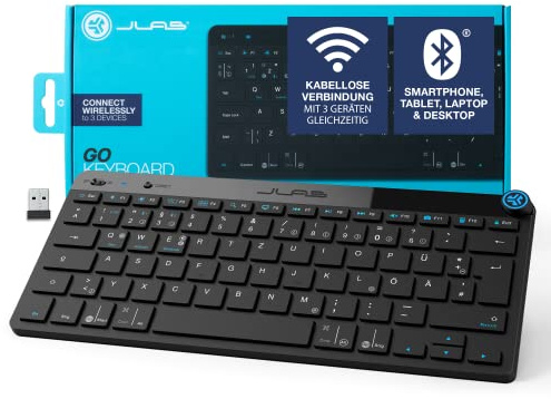 JLab Go Kabellose Tastatur - Bluetooth Tastatur mit 2,4 GHz Funk, USB-Dongle, Kabellos Klein, QWERTZ-Layout, Multi-Device Mini Wireless Keyboard, für PC/Mac/iPad/Tablet/Computer/Laptop