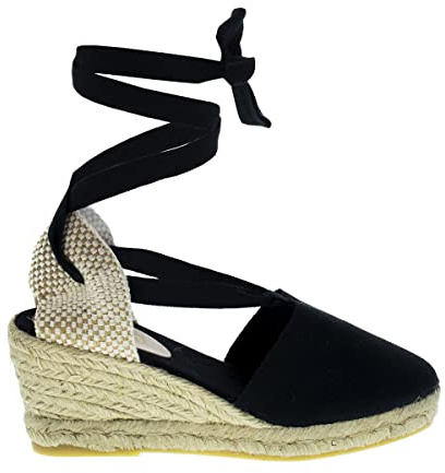 PAYMA - Damen Klassische Jute Keilsandalen mit Knöchelriemen. Schuhe aus Spanien. Mittelhohes Wedges. Innenpflanze mit Stoff Gepolstert. Farbe: Schwarz. Größe: EU 42