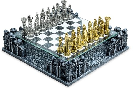 BB Chess Sets - Renaissance Knight 3D Chess Set – Unique Chess Board Set - Durable Gold and Silver Metal Pieces - Tempered Glass Board and Polyresin Base