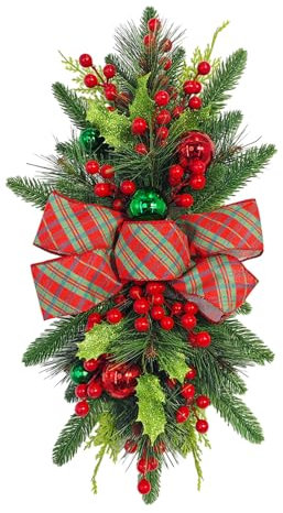 POTRUWE Vorbeleuchteter Tropfenförmiger Weihnachts-Treppenkranz, Weihnachts-Türkranz mit LED-Lichtern, Künstliche Weihnachtskugeln, Tropfenförmiger Kranz mit Roten Beeren und