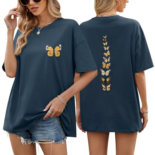 heekpek Women's Oversized T Shirts Ladies Summer Tops Plus Size Vintage Graphic Tee Cotton Short Sleeve Tshirts Drop Shoulder Casual Baggy Blouse Tee Shirts, Navy Blue, XL