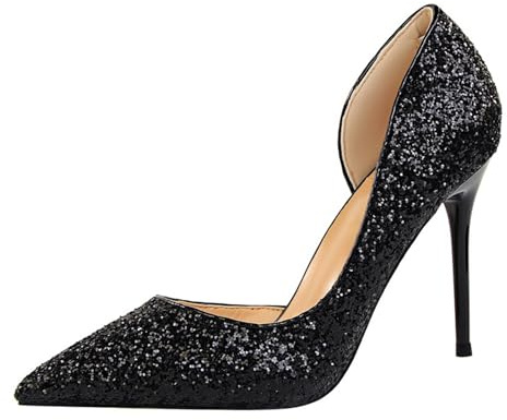 Xinmjoy High Heels for Women Sparkling Glitter Closed Toe Pumps Shoes Sparkly Heels for Wedding Party Evening Casual-Black-UK