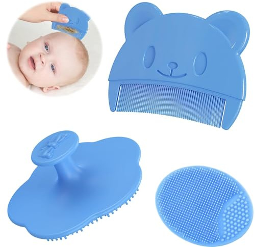 Heanvmyss Brosse de Bain pour Bébé,3 Pcs Peigne à Cheveux,Brosse et Peigne pour Croûtes de Lait,Brosse de Massage en Silicone,Peigne Douces pour Enfants(Bleu)