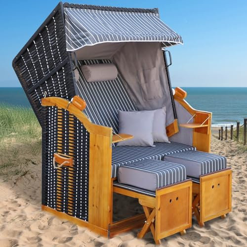 BRAST® Strandkorb Rügen Deluxe | für 2 Personen | 120cm breit | 5 Designs | inkl. wetterfeste Abdeckhaube | verstellbare Rückenlehne weiches Fußkissen | Anthrazit/Weiß - Nadelstreifen