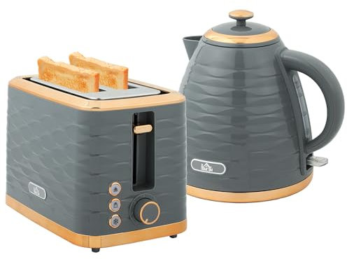 HOMCOM Kettle and Toaster Sets, 3000W 1.7L Rapid Boil Kettle & 2 Slice Toaster with 7 Browning Controls, Defrost, Reheat and Crumb Tray, UK Otter Thermostat, Grey