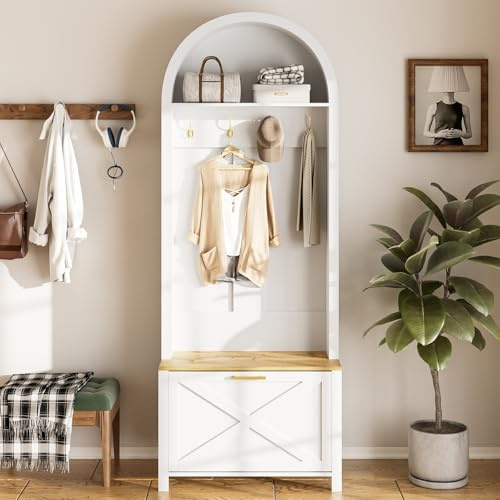 Ensemble de vestiaire Armoire multifonctionnelle avec étagère à Chaussures, Compartiments de Rangement et Crochets ; Meuble de Rangement Moderne doté d'une Base en Fer Robuste (White)