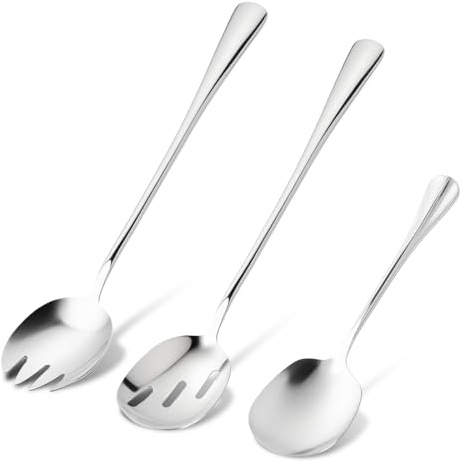 Posate Acciaio Inox Set di 3 Posate Insalata con Cucchiaio Portata, Cucchiaio Forato e Forchetta Portata - Lunghezza 28cm per Servizio Facile a Casa e Ristorante