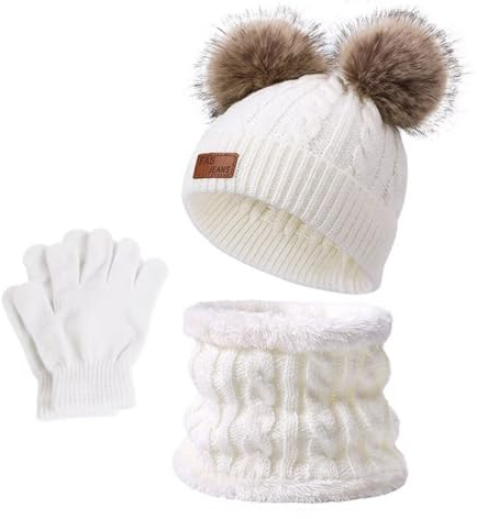 YRPACFB Cappello a Maglia Bambini Invernale Sciarpa Guanti, 3 in 1 Inverno Berretto con Pompom Scaldacollo Guanti Set, per Ragazzi e Ragazze di età 2-10 Anni