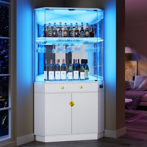 Vlsrka 71 Tall Corner Bar Cabinet with RGB Lighting & Motion Sensor LED, Modern Liquor Display Cabinet with Mirror Back & Glass Doors, Corner Wine Rack Tower with Textured Storage (White)