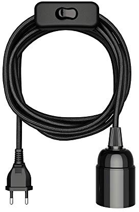 ledscom.de Textilkabel LEHA, med stickpropp och strömbrytare, 3 m, svart, sockel för E27-lampa, 1x E27 max. 60W