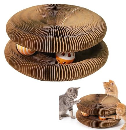 Griffoir pour Chat en Carton, Jouet à Gratter Pliable en Forme d'Accordéon avec Grelot, Rond et Magnétique, Tableau à Griffes pour Chats d'Intérieur