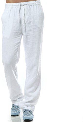 Najia Symbol Pantalon Slim Homme 100% Lin Léger, Style Casual, Noir ou Beige, Vêtements d’Été Respirants (Blanc, M)