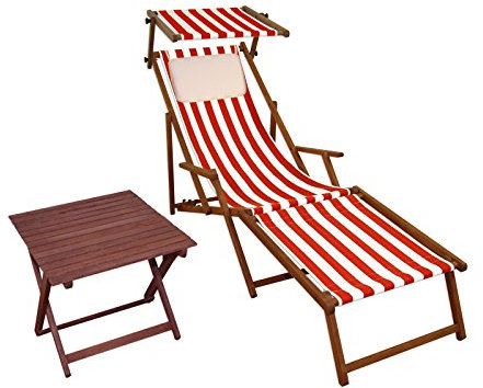 Erst-Holz Sonnenliege rot-weiß Strandliege Holzliege Buche Fußteil Sonnendach Tisch Kissen 10-314 FST KH