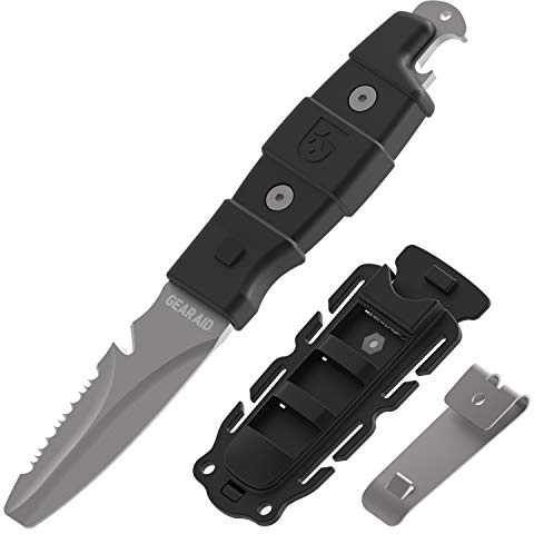 GEAR AID Akua Blunt Tip Paddle Knife with Serrated Blade and Quick Release Sheath, Titanium-Coated 3” Blade
