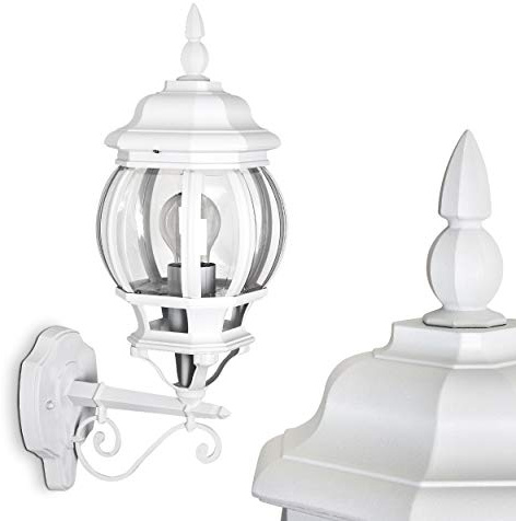 Utomhus vägglampa Lentua, vägglampa uppåt, gjuten aluminium i vit med. plastskivor, vägglampa med E27-fäste, vintage utomhuslampa för terrass, veranda och innergård, utan glödlampa