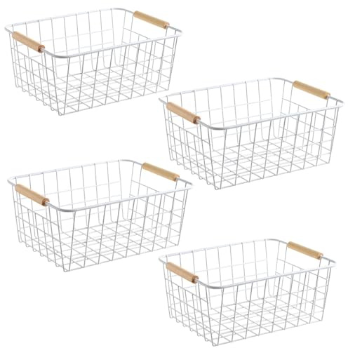 LeleCAT White Wire Baskets for Organizing with Handles，Pantry Organizers and Storage For Kitchen, Household Snack Basket for Cabinets, Closets, Bedrooms,food - Set of 4(White)