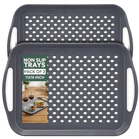 Zuvo Anti-Slip Food Serving Tray with Handles (Set of 2) – BPA-Free Plastic, Lightweight & Durable – Non-Slip couch Trays for Eating & Drinks (Grey)