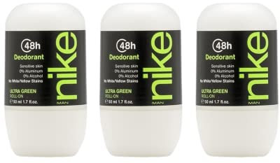 NIKE - Ultra Green Pack de 3 x 50 ml, Desodorante Hombre Roll-On, Desodorante Antimanchas para Piel Sensible, 0% Alcohol y 0% Sales de Aluminio, de Larga Duración, Fragancia Amaderada Oriental