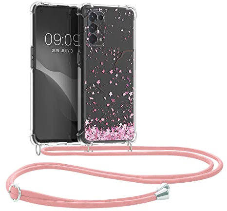 kwmobile Carcasa Compatible con OPPO Find X3 Lite Funda con Cuerda - Funda con Correa Colgante - Cordón Ajustable - Bordes elevados - Flores Cerezo cayendo