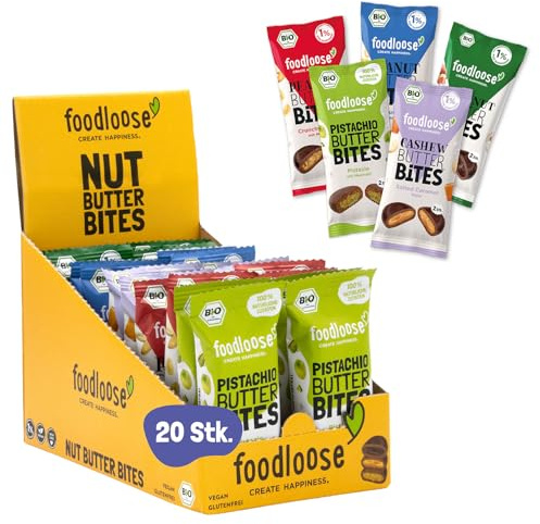 foodloose Bio-Nut Butter Bites Probierpaket | Leckere Snacks aus Datteln mit cremigen Nussmus Füllungen | Vegan, Bio, glutenfrei & ohne raffinierten Zucker | Großpackung mit 5 Sorten (20 x 40g)
