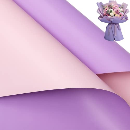 20 fogli doppi-lati colori Fiore carta da imballaggio, impermeabile San Valentino Bouquet Wrapping Paper 58 x 58 cm, Flower Shop Bouquet Packaging (viola+rosa chiaro)