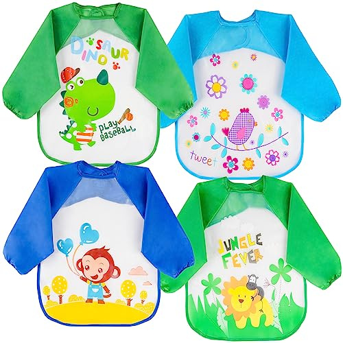 Vicloon 4pcs Bavoir Etanche à Manchs Longue,Tablier d'Alimentation de Jeu,de Peinture,Bavoir Imperméable Unisexe pour Bébé de 6 mois à 3 ans （bleu-vert）
