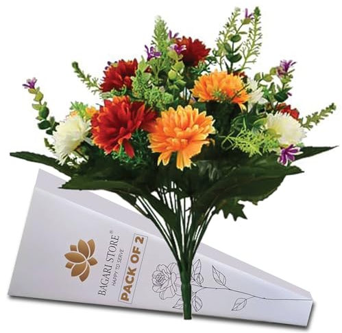 Bagari Artificial Flowers 2pc, Large Mixed Bush Grave Flowers, 41cm Fake Flowers for Decoration, Ivory - Red - Orange Artificial Flowers for Outdoor & Indoor Events Wedding Party Home Decoration