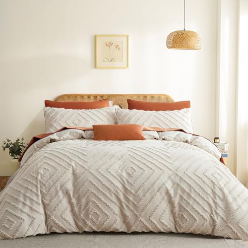 Freyamy Bettwäsche 200x200 3teilig Getuftet Handgefertigt Geometrisch Bettbezüge Khaki Vintage Wendebettwäsche Boho Stil Gewaschene Mikrofaser Uni Bettbezug mit Reißverschluss + 2 Kissenbezüge 80x80