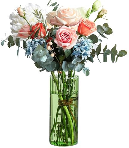 ComSaf Vasi cilindrici alti 20,3 cm per centrotavola, vasi a coste verdi per centrotavola decorazione diserbo vasi da fiori trasparenti alti 20,3 cm, portacandele uragano per feste decorazioni per la