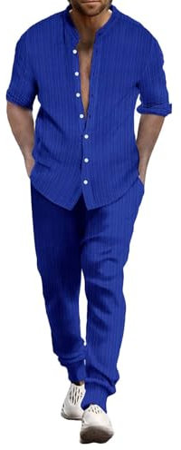 Junger Herrenanzug Slim Fit Herren Sommer Atmungsaktiv Zwei gerollte Ärmel Hemd Hose Set Herren Sportbekleidung Herren Zweiteilige Sportbekleidung, blau, M