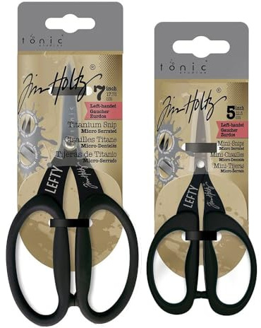 Tonic Studios Tim Holtz - Paquete de tijeras para zurdos - Mini tijeras de 5 pulgadas y tijeras de 7 pulgadas - UP6 | Cuchillas de titanio de alta durabilidad | Asas cómodas | Borde microdentado |