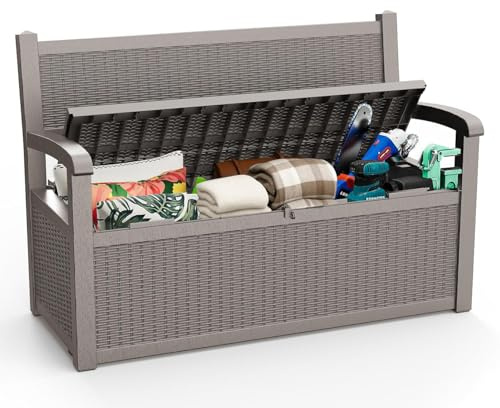 ROJIK 80 Gallon Storage Bench Deck Box Outdoor with Armrests,Storage Furniture Waterproof Lockable for Porch Patio and Garden (Grey)