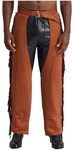 Xnihocha Mens Western Cowboy Chaps Fancy Dress Costume Tassels Open Crotch Western Pants Suede Fringe Trousers Brown M