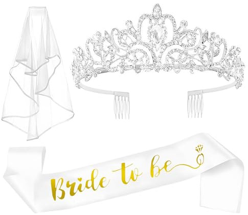 QIFU Bride-to-Be Sash Hen Party Accessories Kit - Bridal Veil with Comb Bridal Headband Tiara for Wedding Decorations