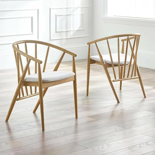 Julian Bowen Rory Dining Chair - Scandi Wood Kitchen Chair with Curved Back, Ivory Padded Kitchen Seat with Wooden Spindle Backrest & Arms for Dining Room - H 78 x W 57.5cm