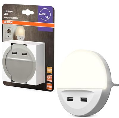 OSRAM LUNETTA LED Luce notturna bianca, con uscita USB, sensore giorno-notte, supporto per cellulare integrato, sistema plug-in, bianco caldo, IP20