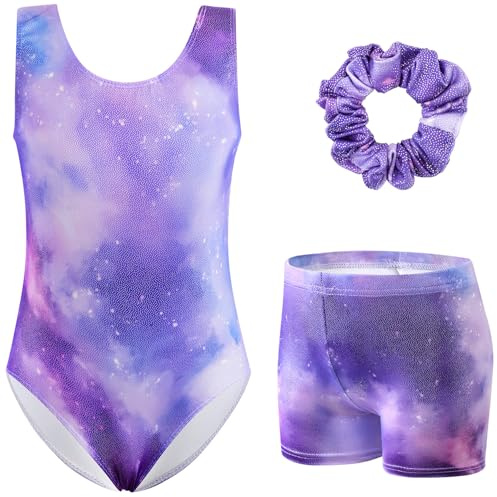 XiaoMoSha Girls Three-Piece Gymnastics Set Sleeveless Purple Girls Leotards with Shorts and Hairband Sparkly Gradient Color Dance Ballet Unitards Gymnastics Outfits, PurpleGalaxy, 5-6 Years