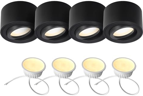 EDO Set med 4 Justerbar Takspot LED Rund ZALDA OV Svart, Extra platt och Svängbar Takspotlight – Ø80×50 mm, Spotlight LED INSERT 4,8W 3000K Varm 500lm 230V, Taklampa för Vardagsrum, Sovrum, Kök