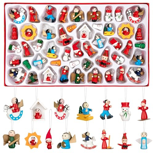 Addobbi Natalizi di Legno, Decorazioni per Albero di Natale, Mini Bambola Ornamenti in legno Natalizi da Appendere per Feste di Vacanza, Dipinti a Mano, Figure Alte Fino a 2,5–4 cm, 48 Pezzi