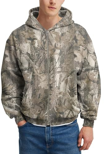 MSBESYOR Mens Camo Zip Up Hoodie Fleece Hunting Jacket Maple Leaf Print Oversized Long Sleeve Hooded Sweatshirt
