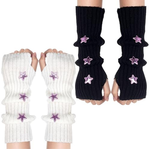 XLTXWD 2 Pairs Arm Warmers, Knitted Fingerless Gloves for Cold Weather, Fashionable Retro Accessories for Women, Stretchable Arm Sleeves for Biking Running Hiking