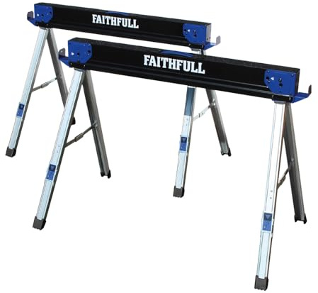 Faithfull Folding Sawhorse Pair – High-Grade Steel Saw Horse Twin Pack with 1000kg Capacity, Anti-Slip Surface, Removable Brackets, Support Arms & Carry Handle for Workbench, Cutting, Sanding, Planing